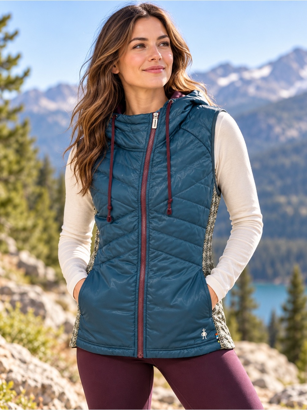 Smartwool SmartLoft Hooded Vest L Teal Merino Wool Asym Zip Hiking